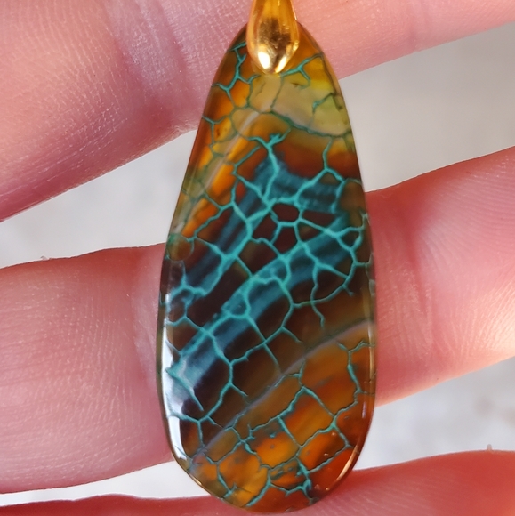 New Dragon Veins Agate Drop Gold Plated Necklace. - Picture 5 of 16